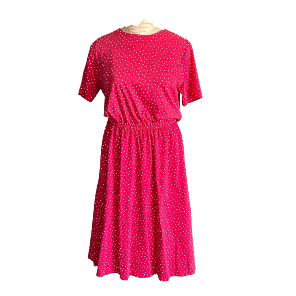 Lands’ End Vintage 90s Red & White Knit Polka Dot Short Sleeve Midi Dress Size L